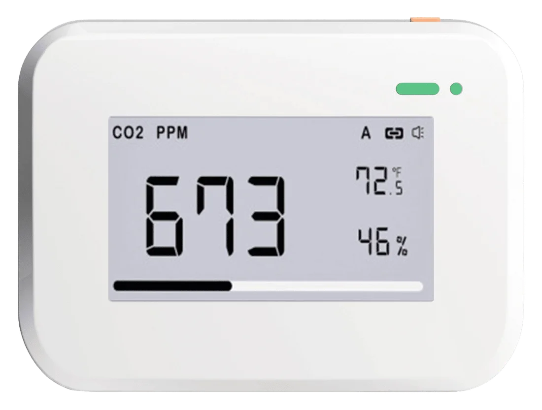 Airsight CO2 Monitor with a display showing 673 ppm CO2 and 46 percent humidity